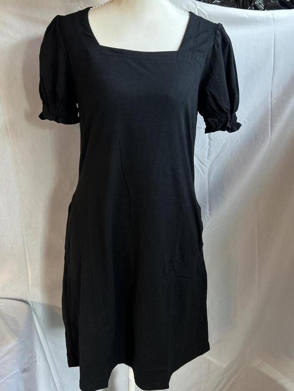 Womens Square Neck Puff Sleeve Dress, Black, RUMIA, Small